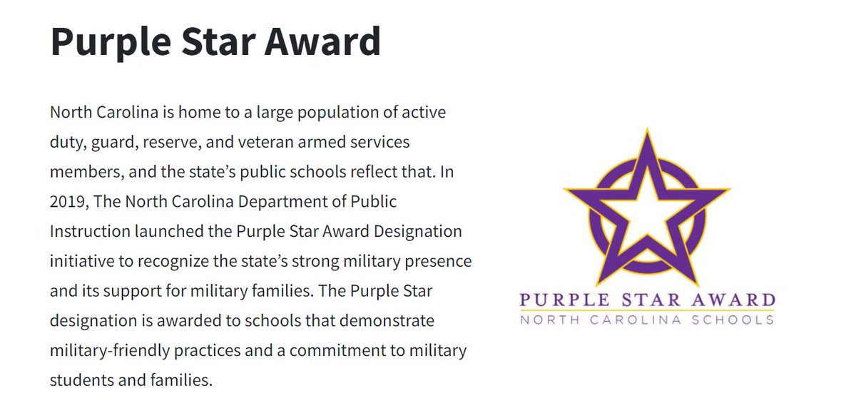 We are excited to share that we have been named a Purple Star Award school by NCDPI!