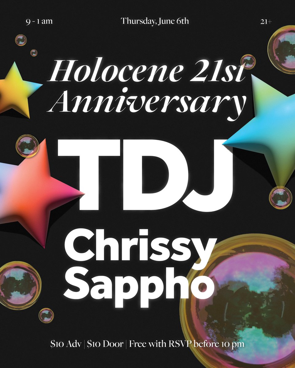 🎂 Holocene 21st anniversary 🎂

Join us June 6th as we celebrate 21 years of Holocene!  We’ve got Montreal based DJ and producer TDJ spinning delicious trance and eurodance all night 

🔊💧

RSVP / more info → holocene.org/event/holocene…