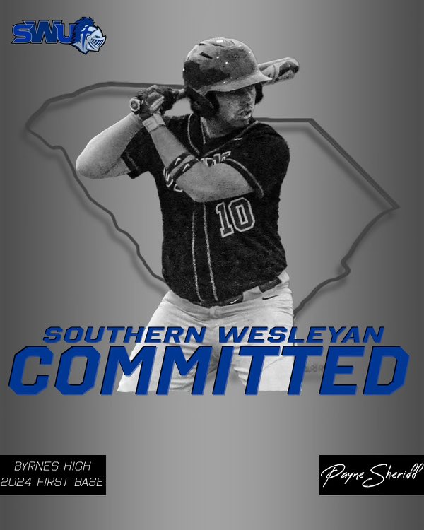 Payne Sheriff (@paynesheriff) on Twitter photo Extremely blessed and excited to announce that I will be furthering my academic and athletic career at Southern Wesleyan. Thank you to everyone who has helped along the way. Go Warriors! 💙⚔️ <a href="/byrnesbaseball/">Byrnes Baseball</a> <a href="/SA_Showcase/">Southern Athletics</a> <a href="/Coach_JayBee/">Jared Broughton™</a> <a href="/bmrenfrow/">Ben Renfrow</a> Extremely blessed and excited to announce that I will be furthering my academic and athletic career at Southern Wesleyan. Thank you to everyone who has helped along the way. Go Warriors! 💙⚔️ <a href="/byrnesbaseball/">Byrnes Baseball</a> <a href="/SA_Showcase/">Southern Athletics</a> <a href="/Coach_JayBee/">Jared Broughton™</a> <a href="/bmrenfrow/">Ben Renfrow</a>
