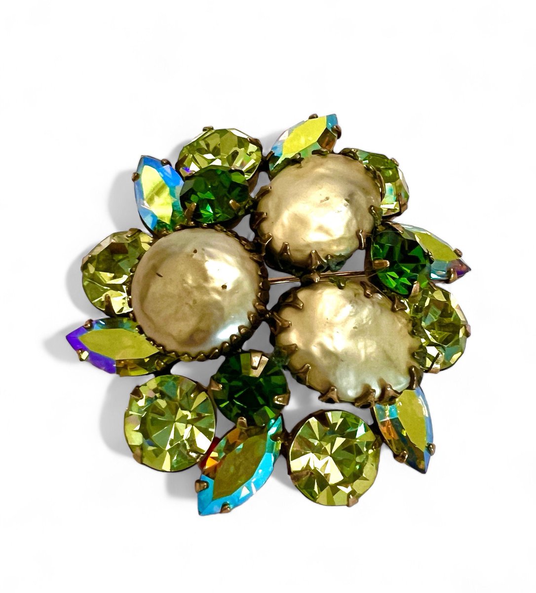 Signed Regency Shades of Green Brooch Faux Baroque Pearls Gold Tone Metal 1950s Gift for Her #SignedRegency #RegencyBrooch $125.00 ➤ etsy.com/listing/172775…
