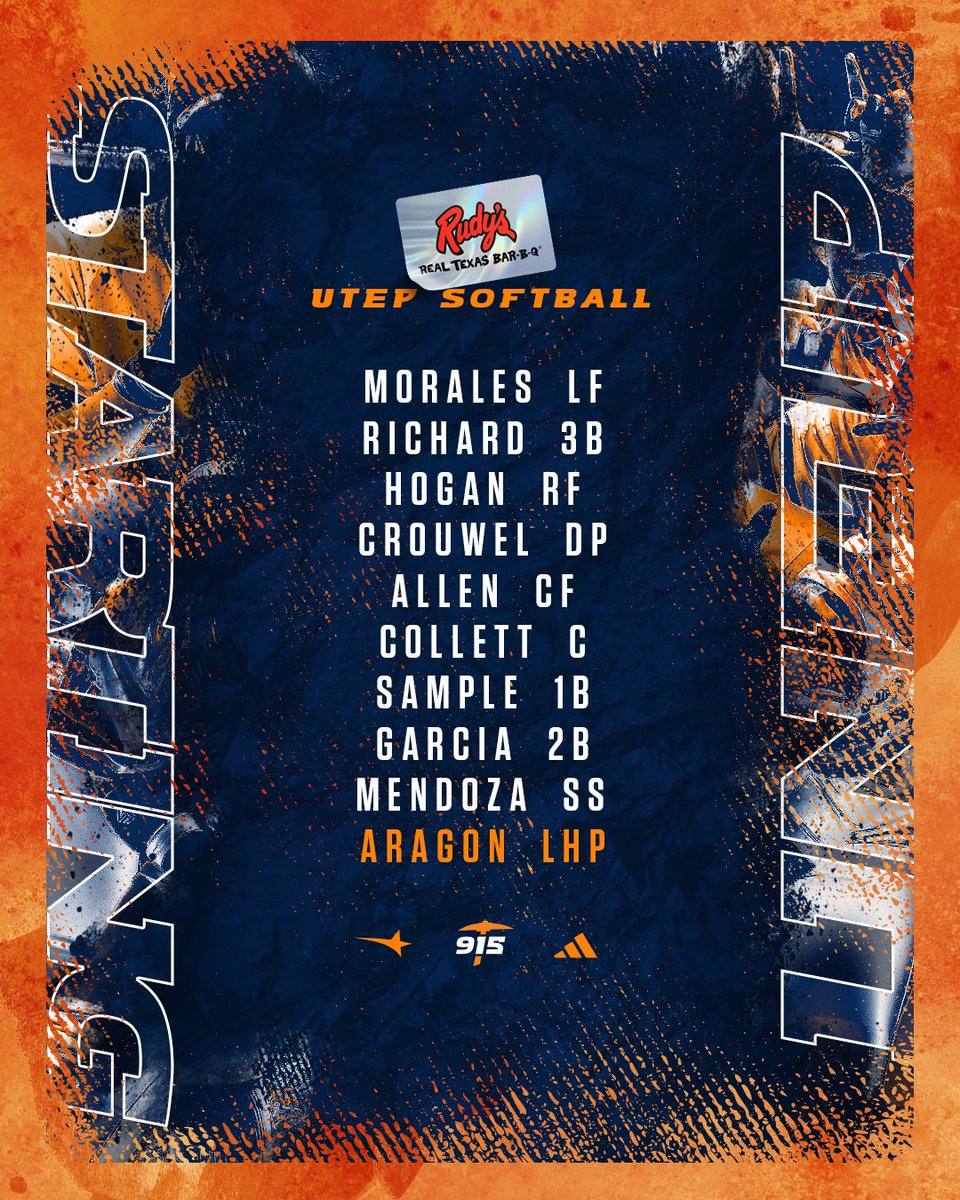 Starting Lineup 🆚 Liberty ⤵️ 🏆 CUSA Championship - Day 2 📺 /📊 linktr.ee/utepsoftball @rudysbbq | #PicksUp