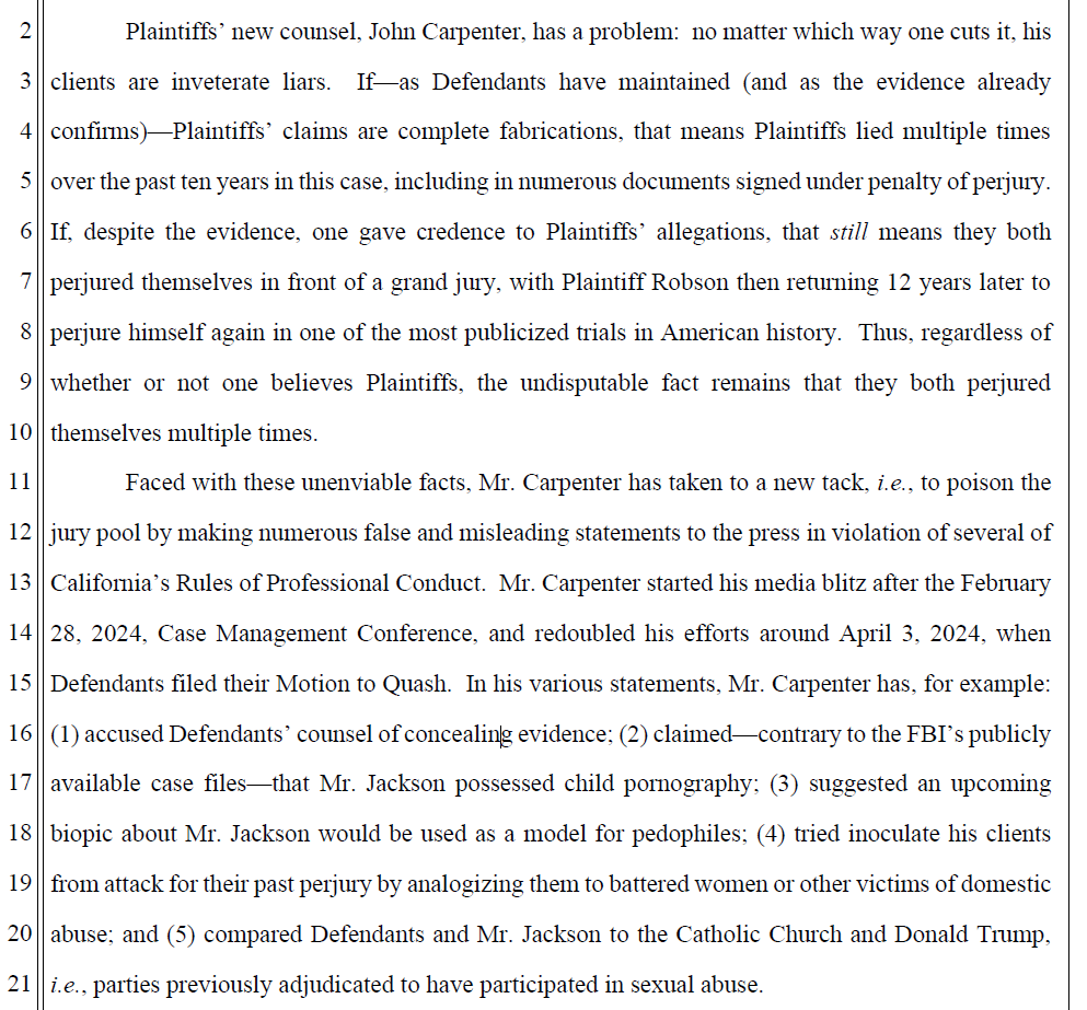 Keller's opening in motion: 'Plaintiffs’ new counsel, John Carpenter, has a problem: no matter which way one cuts it, his clients are inveterate liars... Carpenter has taken to a new tack, to poison the jury pool by making numerous false and misleading statements to the press.'