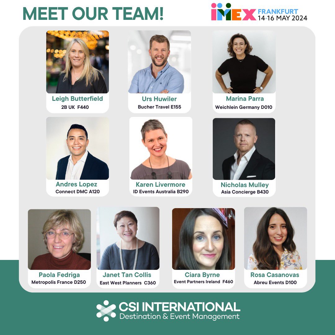 Our CSI International DMC team is on the way to Frankfurt. In case the booth numbers get confusing 😉 , here's a visual directory of our esteemed colleagues you'll see on the trade show floor! #IMEX24 #IMEXFrankfurt #eventprofs