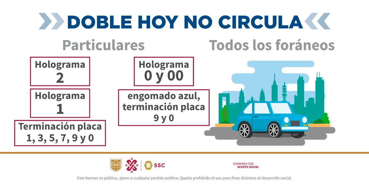 #SSC informa: Este viernes el programa #HoyNoCircula aplica a vehículos con terminación de placas 9 y 0, engomado azul, con holograma de verificación 1 y 2. #CiudadSegura