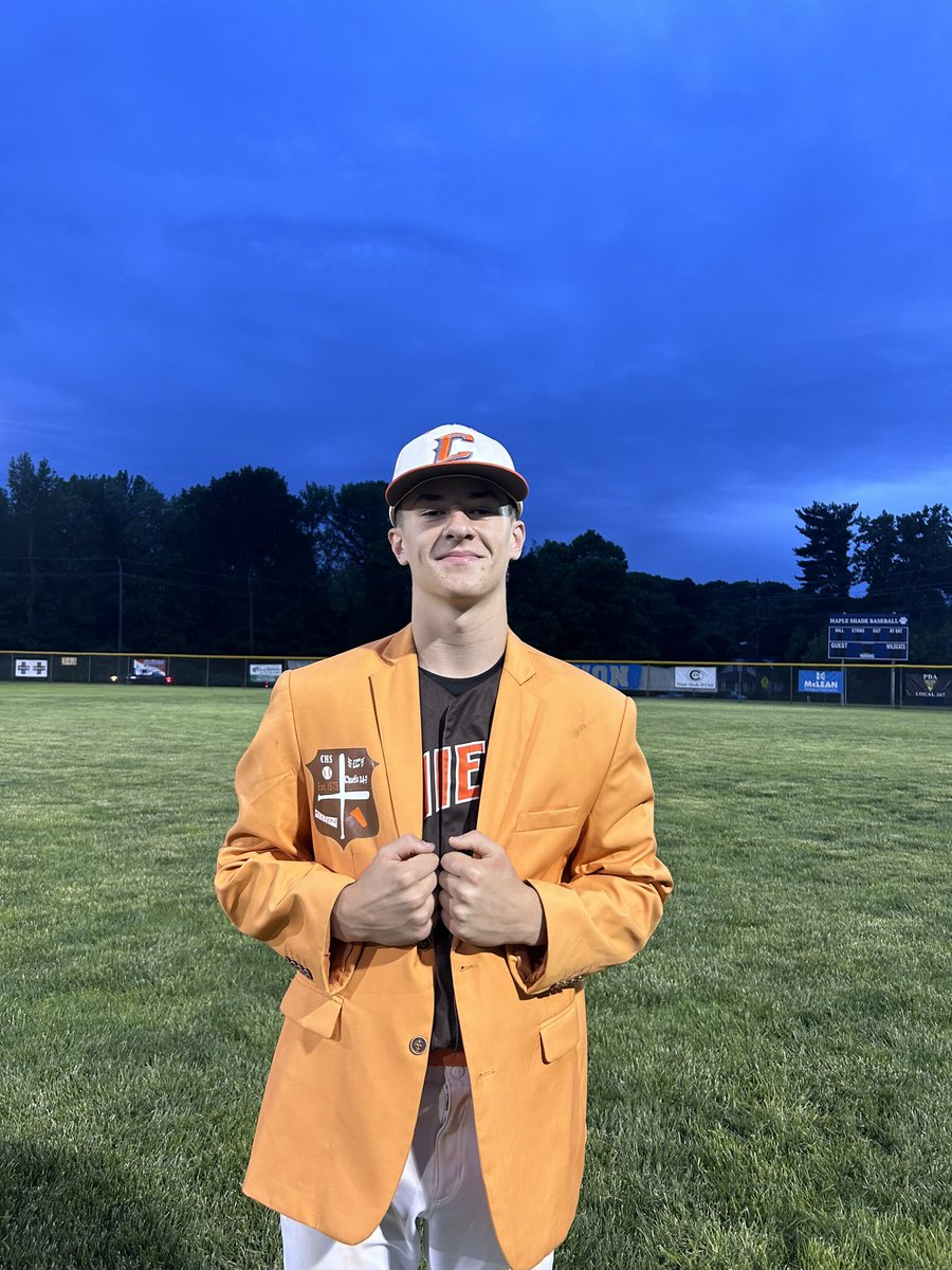 Cooper Burti wears the jacket as Master of the Game.  Reached base 5 times, scored 5 runs, hit a HR, and had 5 RBI.  It is the 2nd jacket of the season for the freshman. @Cherokee_HS #HDEU