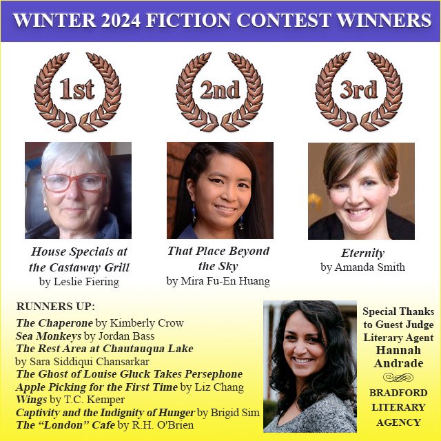 Congratulations to these #flashfiction writers and their winning stories! Thank you for sharing your work with us. Here are the Winter 2024 Flash Fiction Contest winners & guest judge lit agent Hannah Andrade. Find out more & read #flashfictionstories : wow-womenonwriting.com/111-FE1-Winter…