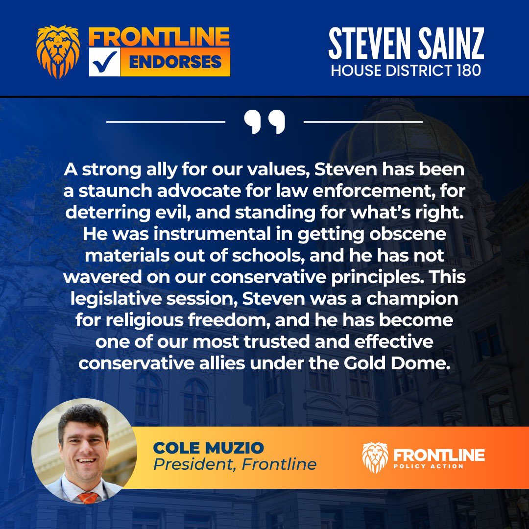 “This past legislative session, @RepSainz was a champion for religious freedom, and he has become one of our most trusted conservative allies under the Gold Dome.” - @ColeMuzio