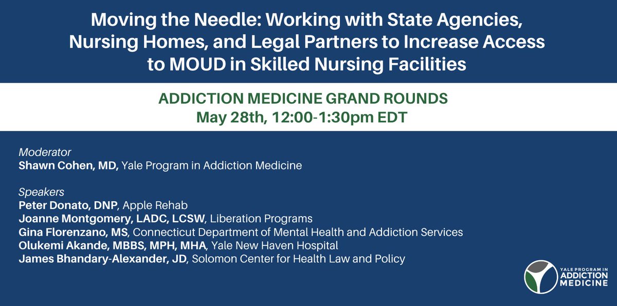 Thanks all who attended addiction medicine grand rounds today! We hope to see you again on 5/28, when @ShawnCohen_MD will join a panel of experts in discussion around advancing MOUD access in skilled nursing facilities. 🔗yalesurvey.ca1.qualtrics.com/jfe/form/SV_37…