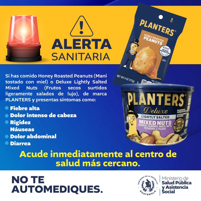 🚨#AlertaSanitaria | El @MinSaludGuate informa que la Administración de Alimentos y Medicamentos de EE. UU. advierte sobre productos 'PLANTERS' que podrían afectar la salud. ❌Se trata de paquetes de Honey Roasted Peanuts y latas de Deluxe Lightly Salted Mixed Nuts contaminados…