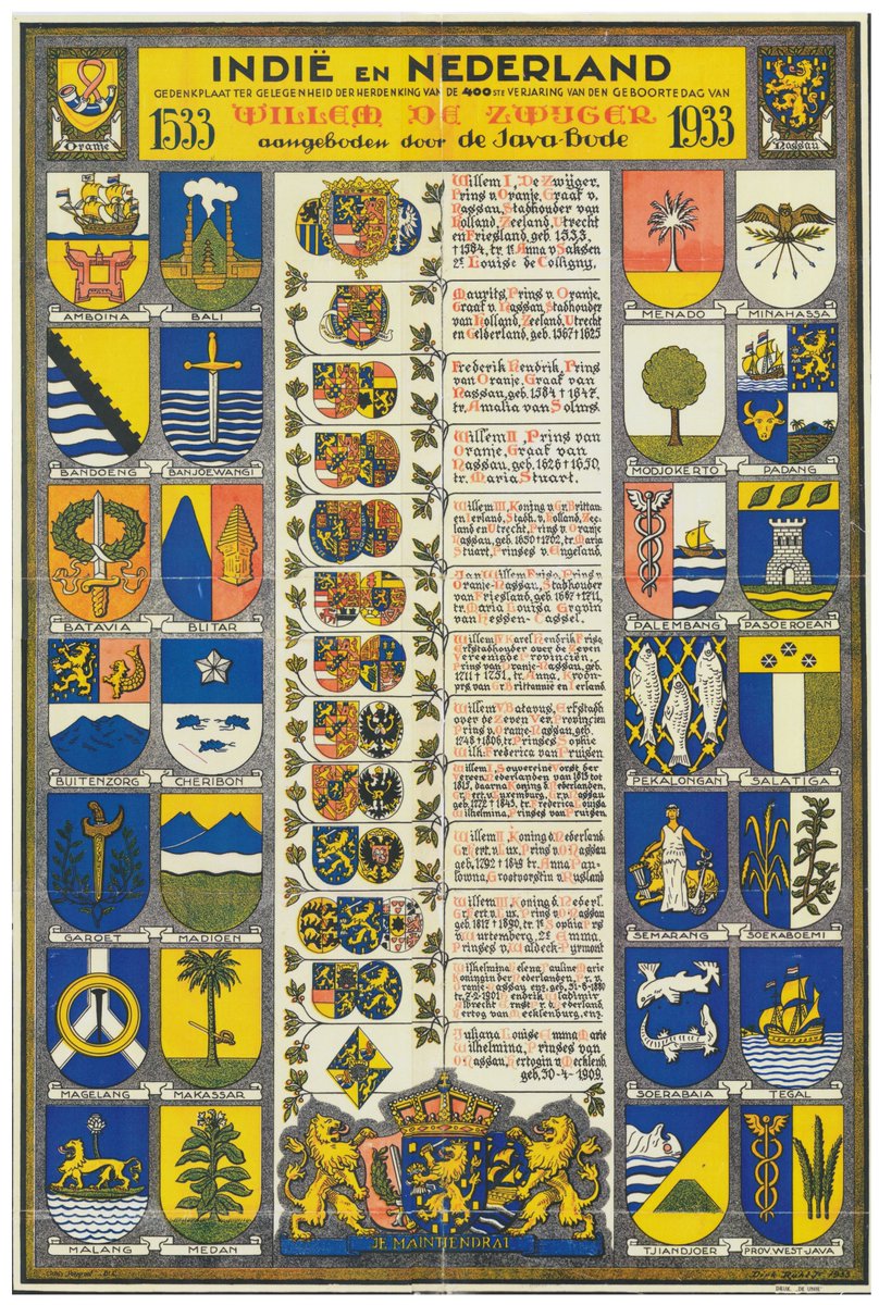 1933, harian Java Bode merilis karya khusus memperingati 400 tahun hari lahirnya Raja Willem I

Kiri-kanan nampak lambang2 daerah di Hindia Belanda, di tengah nampak lambang para monarki 🇳🇱 mulai dari Raja Willem I sampai Putri (kelak menjadi Ratu) Juliana