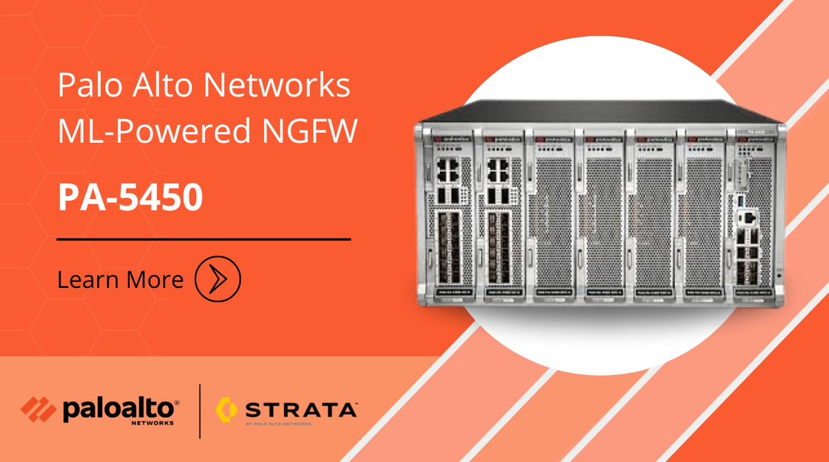 Palo Alto Networks PA-5450 ML-Powered NGFW platform for hyperscale data center, internet edge, and campus segmentation deployments. Stop known and zero-day attacks hiding in all network traffic, even encrypted traffic. Find it here: l8r.it/ZuWo | #PaloAltoNetworks