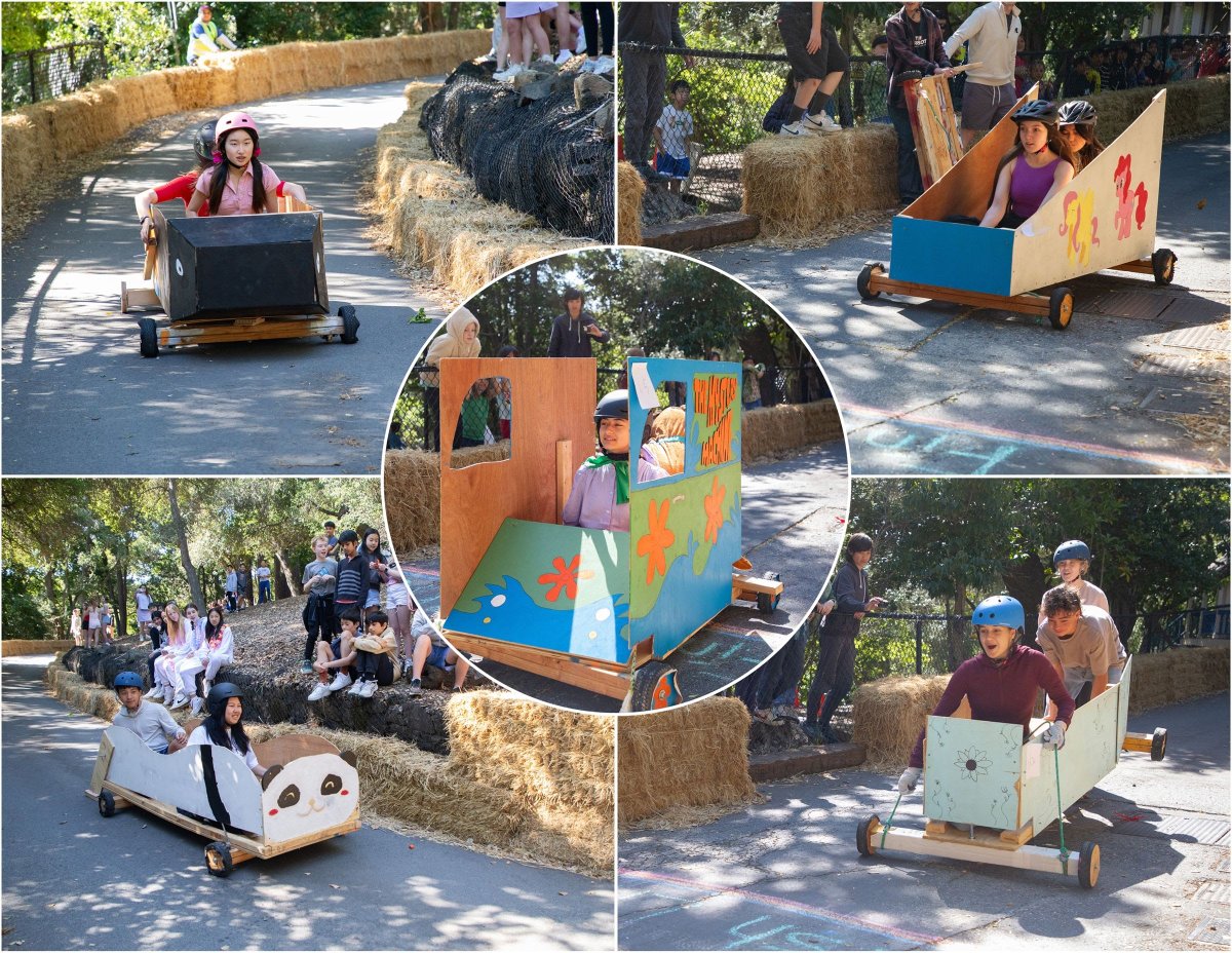 #SeenAtNueva: Eighth graders taking their gravity racers on the Lower Loop Road of campus! They spent the past two and a half months designing, building, and decorating their carts.