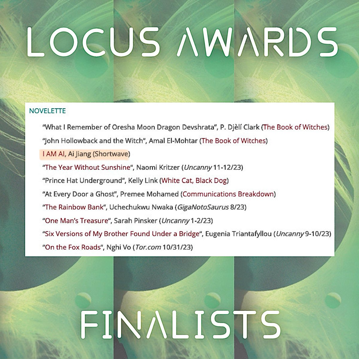 honoured to see both LINGHUN and I AM AI among the Locus Awards finalists 😭🫶🏼 a big thank you always to those who believed in me and my smol words and a big congratulations to all my fellow finalists 🥺🙇🏻‍♀️🤍