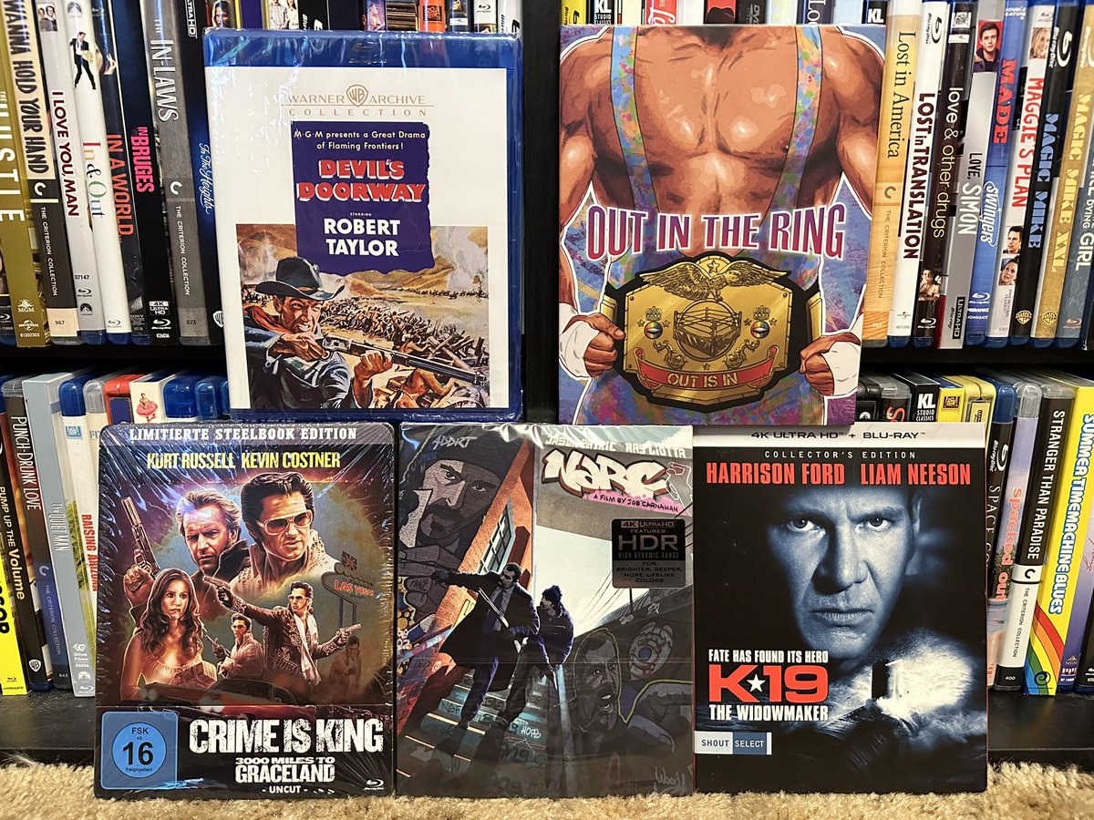 Today’s #PhysicalMedia arrivals! I updated Anthony Mann’s Devil’s Doorway to #Bluray. Then got the new Narc 4K, Wrestling Doc and K-19 from @diabolikdvd. Was shocked I didn’t own K-19 already. Then The two Elvis’ German steelbook from eBay.