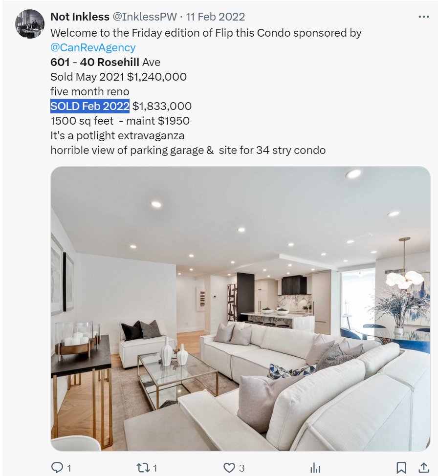 so much pain 601 - 40 Rosehill the @CanRevAgency flipper winner did fine-but the buyer paid $1,833,000 Peak Feb 2022 maint $1950 for 1462 sq ft For Sale since March 2024 - price reduced to $1,749,000 maint now $2378 what a nightmare and huge condo going up directly in front