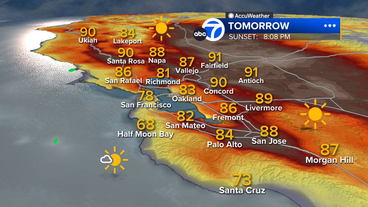 HIGHS TODAY & FRIDAY FORECAST: Warming well above spring averages today! Even hotter inland tomorrow! Coast will cool w/a return of fog & sea breeze. #SanFrancisco #BayArea #forecast #CAwx #CAheat