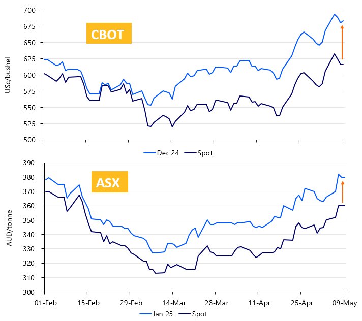 AUS prices are following CBOT but the old crop still around is holding further basis increase. Check the gap between the lines. Until July see the 🧵for possible price trends. #agchatoz #oatt