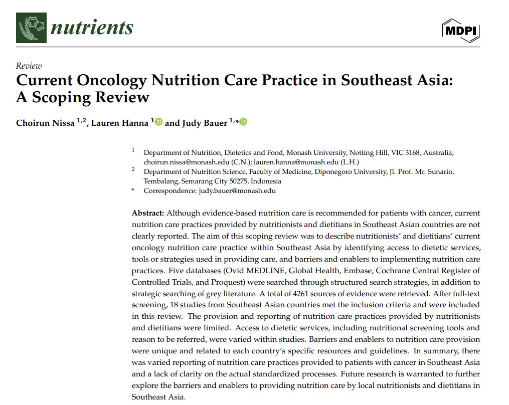 Congratulations to Nissa @n155a_gizi on your first PhD paper published this week! mdpi.com/2072-6643/16/1… Nissa's PhD is exploring current practice & barriers/enablers to oncology nutrition care in Indonesia and Southeast Asia @ProfJudyBauer and I are very proud supervisors!