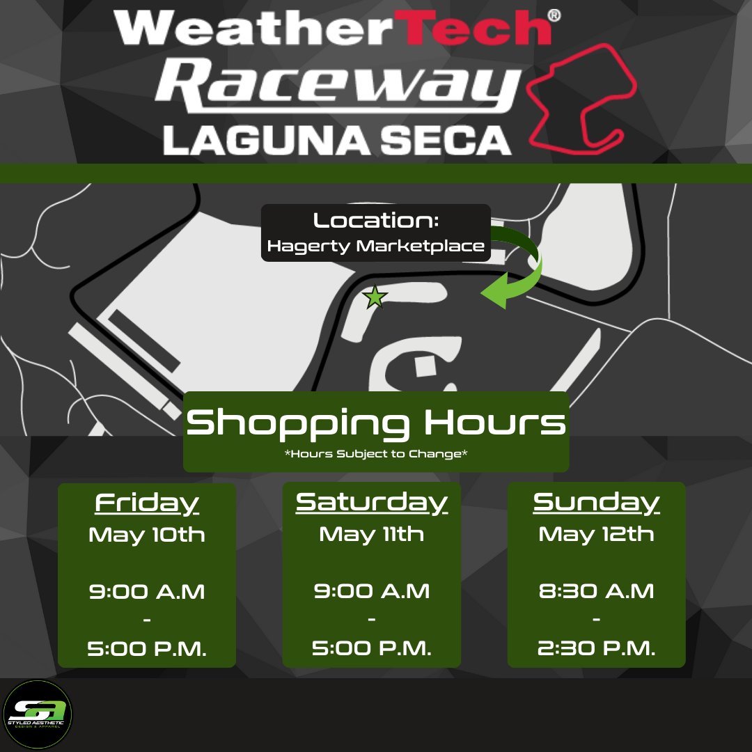 Make sure to come to the Styled tent this race weekend at Laguna Seca! Can't find what you were looking for? Be sure to check our online store: styledaesthetic.com/pages/IMSA Be sure to follow us on your favorite platform to stay up to date. #imsa #lagunaseca #printedbystyled