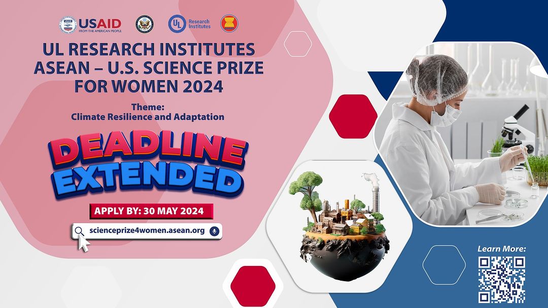 DEADLINE EXTENDED: May 30! Apply for the 2024 Science Prize for Women! Supported by @USAIDAsia, @ULResearchInst @ASEAN, this year's #ClimateResilience & #Adaptation theme beckons innovative solutions. Apply now for the chance to win $12,500! #USAIDASEAN scienceprize4women.asean.org