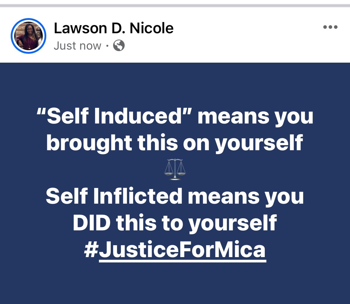 “Self Induced” means you brought this on yourself
⚖️
Self Inflicted means you DID this to yourself
•
•
•
#JusticeForMica #justiceformicamiller #grooming #coercivecontrol #dv #imbalanceofpower #agegap #narcissisticabuse #pimpsinthepulpit #wolvesinsheepsclothing