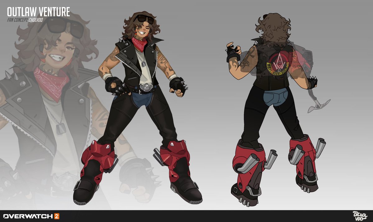 Outlaw Venture skin concept! 

Ever since I learned that their weapon/tattoos are inspired by a motorcycle, I IMMEDIATELY wanted to make a biker skin—(Blizzard please I’ll give you all my money,,) #Overwatch2 #Venture #Overwatch2Fanart