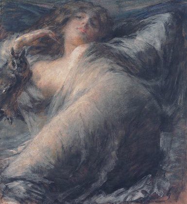 Adolfo Feragutti Visconti (1850 - 1924) Young woman with bird