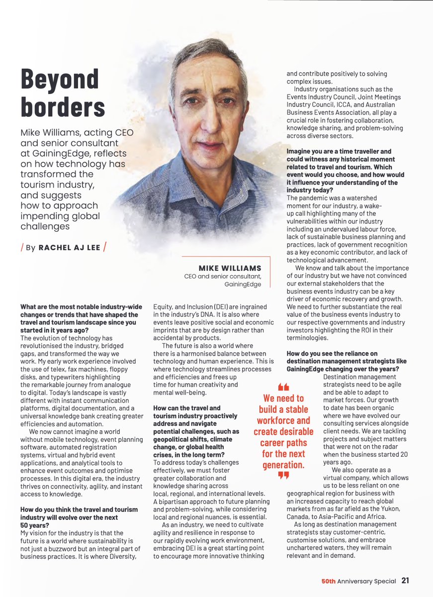 In <a href="/TTG_Asia/">TTG Asia</a> magazine’s anniversary edition, #GainingEdgeExpert Mike, shares how #technology has revolutionized the #tourism and #events industry. He emphasizes the importance of agility, sustainability, and innovation in shaping our future: ttgasia.com/pubs/ebooks/tt…