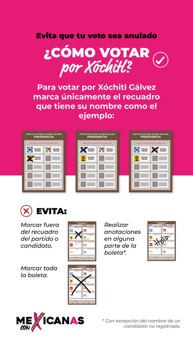 #MexicanasConX, quedan apenas 24 días para ejercer nuestro voto a favor de <a href="/XochitlGalvez/">Xóchitl Gálvez Ruiz</a>. 
Echa un vistazo y comparte esta infografía de una de las formas para votar por ella. 
También para que nos familiaricemos con la boleta electoral.

¡Vota por la #VidaVerdadYLibertad!