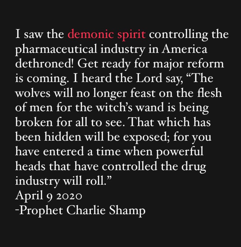 I saw the demonic spirit controlling the ￼ pharmaceutical industry in America dethroned! Get ready for major reform is coming. I heard the Lord say, “The wolves will no longer feast on the flesh of men for the witch’s wand is being broken for all to see. That which has been…