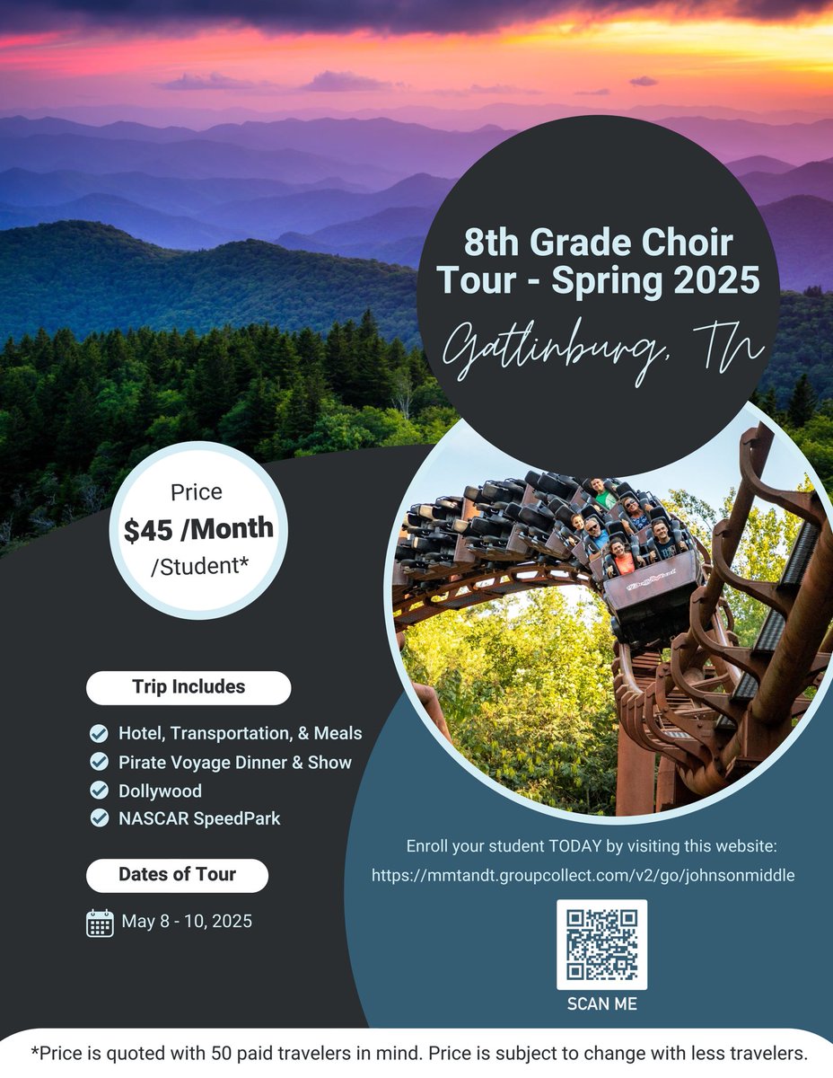 If your child will be in the 8th grade choir during the 2024-2025 school-year, register for our Gatlinburg trip today! If you were unable to attend tonight’s meeting, please check your email inbox for details regarding the trip!

#RoarJagsRoar #SingJagsSing #YourVoiceMatters