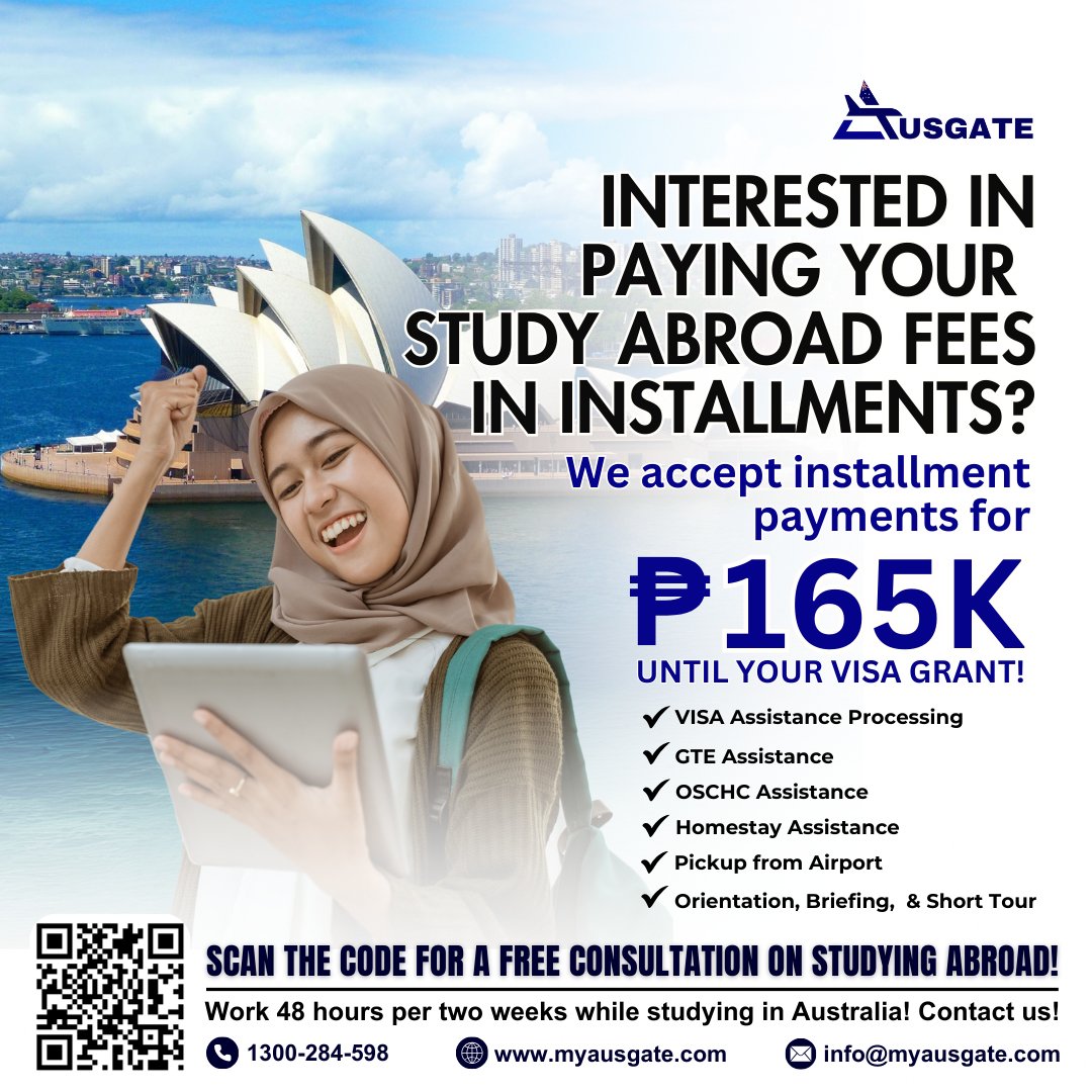 Our payment installment promo awaits you! Hit this link to book FREE CONSULTATION: calendly.com/info-ausgate

#StudyInAustralia #AustralianEducation #StudyAbroadExpert #AustralianVisa #StudentVISA #InternationalStudents #StudyAbroadConsultants