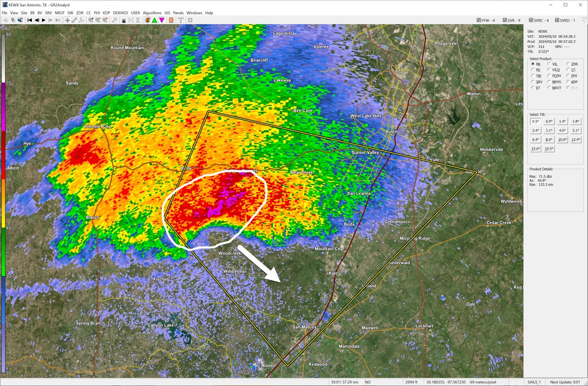 Radar update: destructive thunderstorm continues just to the south of the county. Large hail up to baseballs possible in area circled. Move indoors if you are in the path of this storm. Continues to move mainly to the southeast