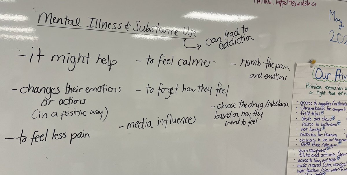 Today in Health we talked about why someone struggling with their mental health or  dealing with mental  illness might turn to substance use and abuse. We also thought of ways people can get support besides self-medicating.