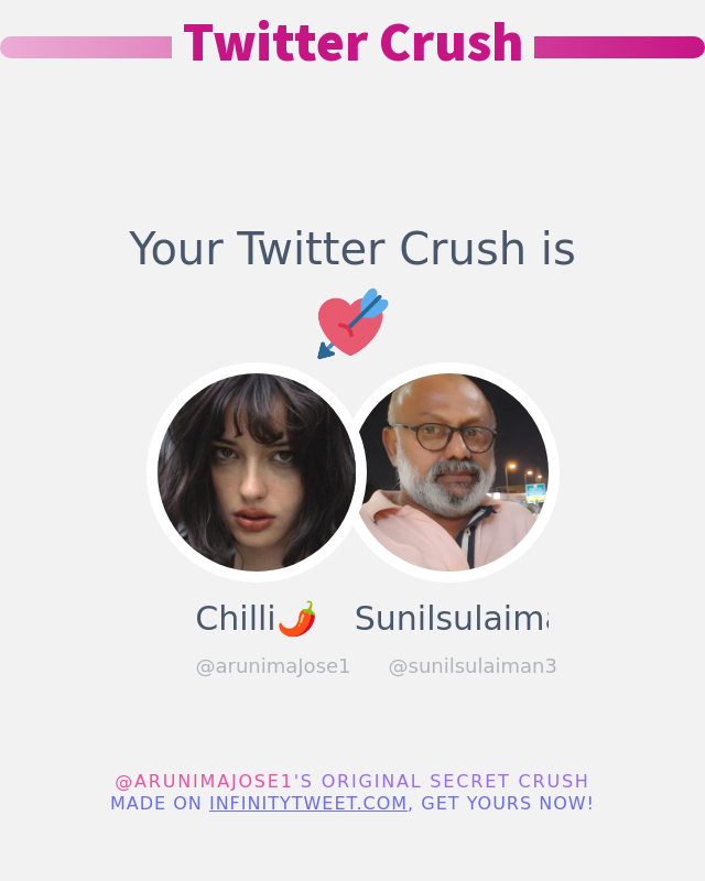 My Twitter Crush is: <a href="/sunilsulaiman3/">𝖘𝖚𝖓𝖎𝖑𝖘𝖚𝖑𝖆𝖎𝖒𝖆𝖓 ✝️☪️🕉️🪯</a>

➡️ infinitytweet.me/secret-crush