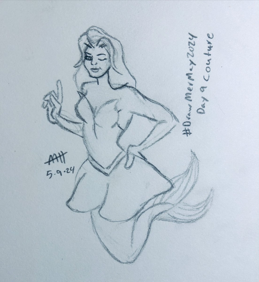 Meribelle has a fancy dress for day 9 (couture) of #drawmermay2024 #mermaid #sketch #art #drawdaily #drawing #drawingchallenge #couture #couturefashion #couturedress