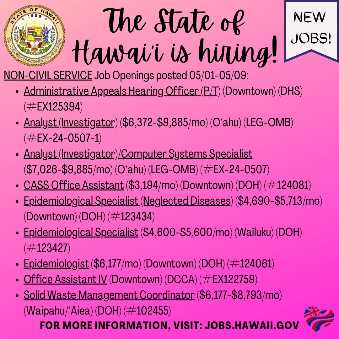 The State of Hawai'i is #hiring for non-civil service positions on #Oahu and #Maui. Please visit jobs.hawaii.gov for more information on these positions and to apply. @hawaiidoh @dccahawaii
#hawaiiishiring #stateofhawaii #statejobs #jobopenings #recruitment #publicservice