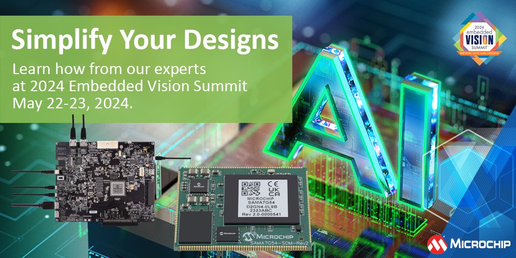 Simplify your designs with our SAMA7G54 for low-risk edge AI development and our MPFS250-VIDEO-KIT for secure, reliable and power-efficient vision applications at the edge. Visit us at 2024 @EmbVisionSummit, booth 417. Register: mchp.us/440sShi. #EmbeddedVision #AI #ML