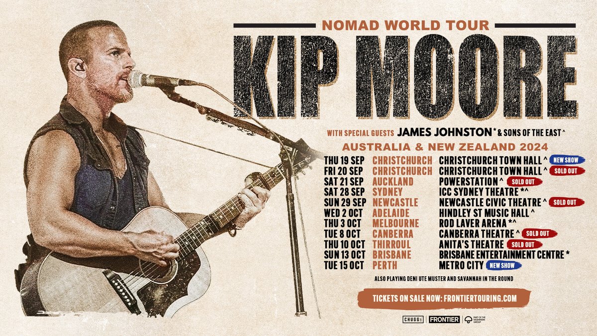 ON SALE TODAY 🔥 @KipMooreMusic's new Perth & 2nd Christchurch shows go on sale TODAY from 1pm local time.

Let's go 👉 frontiertouring.com/kipmoore