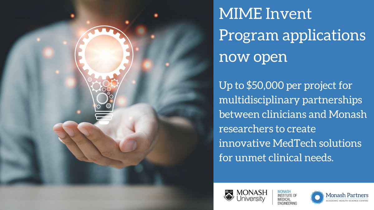 Applications for the 2024 MIME Invent Program are now open!

Partnerships between clinicians and Monash researchers are invited to create MedTech solutions.

Applicants may request up to $50K per project. Applications close 5 Aug. 

Find out more
bit.ly/3U65nPj