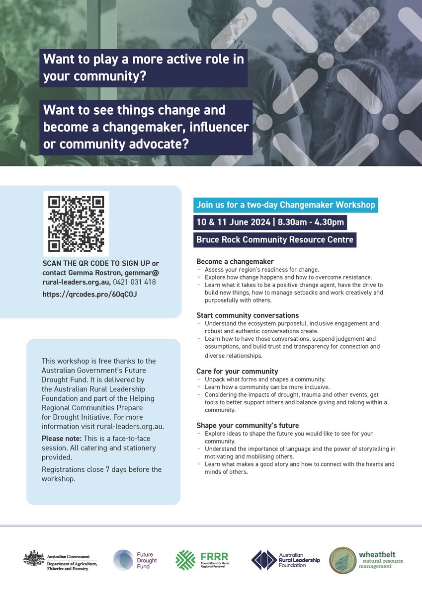 A free 2 day workshop will equip you with tools  to make a difference in your community, Bruce Rock 10th & 11th June. #FutureDroughtFund #AusGov #AusAg #DroughtResilience  #AustralianRuralLeadershipFoundation #DroughtPreparedness #FRRR sign up: ow.ly/vVut50RA0WS #FRRR