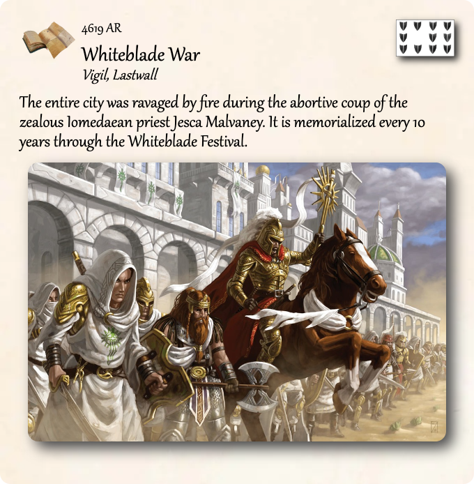GolarionToday's tweet photo. 4619 AR: Whiteblade War
#Vigil #Lastwall #Whiteblade #JescaMalvaney #4619AR
https://t.co/mvThTPepHU
The entire city was ravaged by fire during the abortive coup of the zealous Iomedaean priest Jesca Malvaney. It is memorialized every 10 years through the Whiteblade F… https://t.co/LuIZ07T1y4