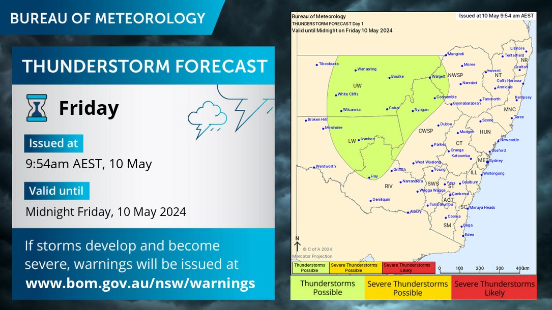 NSW storms forecast today (Fri 10/5): Widespread rain in the west has delivered moderate totals in some areas. Although thunderstorms in the west are not expected to be severe, these storms may increase rainfall rate and the risk of ponding/local road closure.