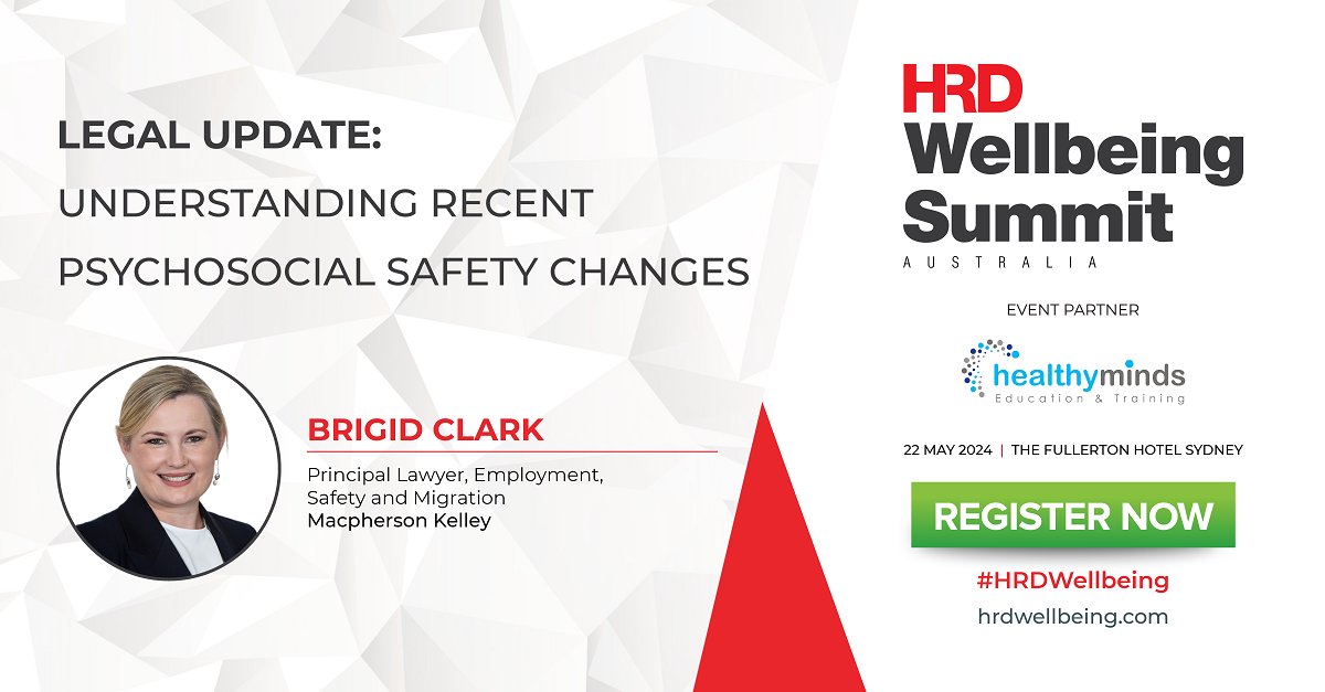 Join @mklawyers’s Brigid Clark for the 'Psychosocial hazard mastery: Comprehensive solutions for your workplace' session at the #HRDWellbeing Summit AU 2024 on May 22 at The Fullerton Hotel Sydney! 

Secure your tickets: hubs.la/Q02wm3c90

#WorkplaceWellbeing #HRLeaders