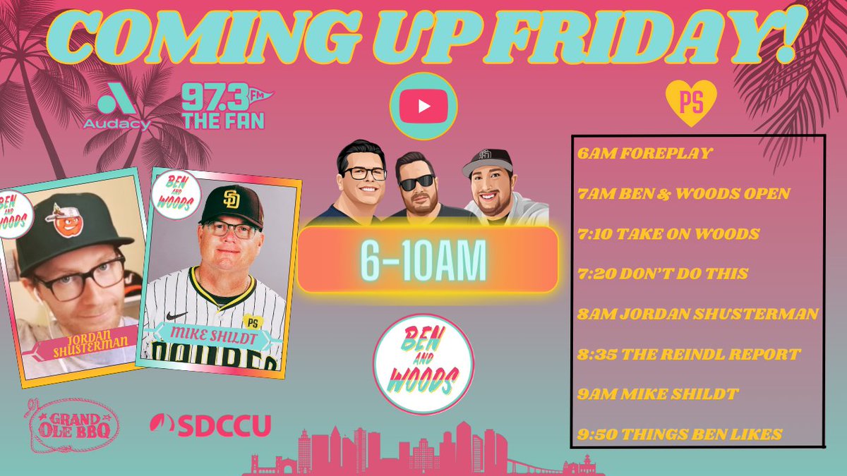 Coming up on Friday morning! We'll get ready for the Padres / dodgers weekend series, give details on The Ben & Woods Open, @j_shusterman_ checks in at 8am, and the skipper joins us at 9am! 6-10am on @973TheFanSD 💛