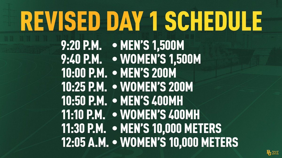 Revised schedule on the track tonight ⤵️ 🔗 baylorbea.rs/2024Big12OTF #SicEm 🐻