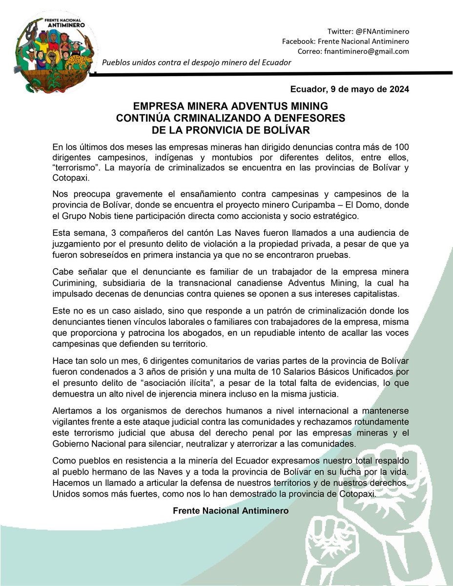 FNAntiminero's tweet photo. 🔴 #Denuncia | La industria minera ecuatoriana continúa su ataque judicial a las comunidades defensoras del territorio. El día de mañana la empresa minera @AdventusMining pretende criminalizar a 3 campesinos de la provincia de Bolívar.

Boletín 👇🏾
https://t.co/ol8Nxcgmu8 https://t.co/ppbvXI5JIS