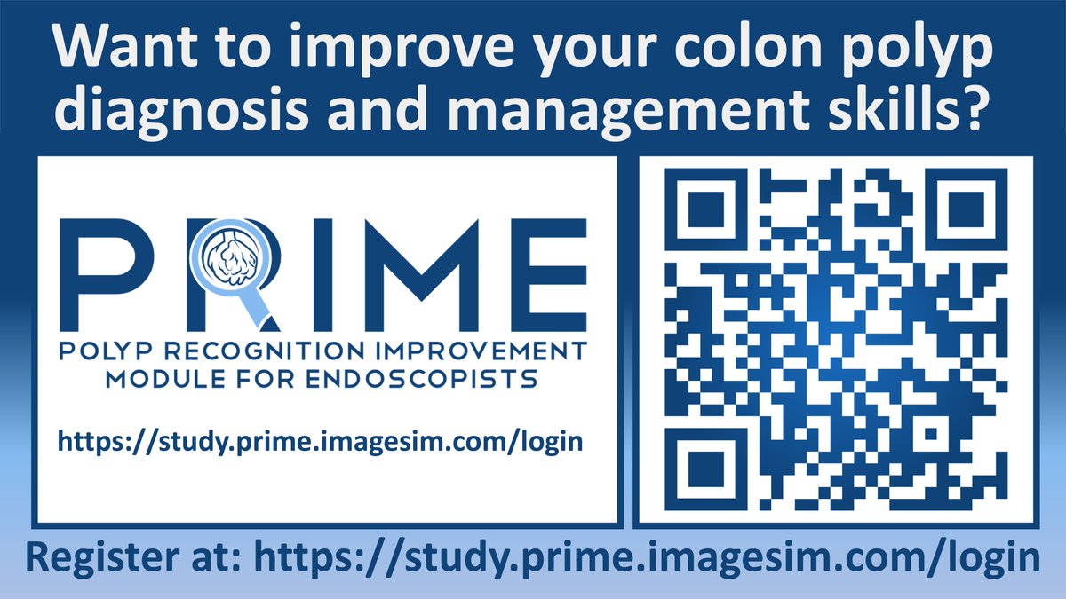 Optical diagnosis has become a critical part of management of polyps. We have developed PRIME - a tool to improve your colon polyp diagnosis and management skills. >100 cases study.prime.imagesim.com/login 22.5 AMA PRA 1 CME / 67.5 RCPSC Section 3 credits #GITwitter @RobertBechara