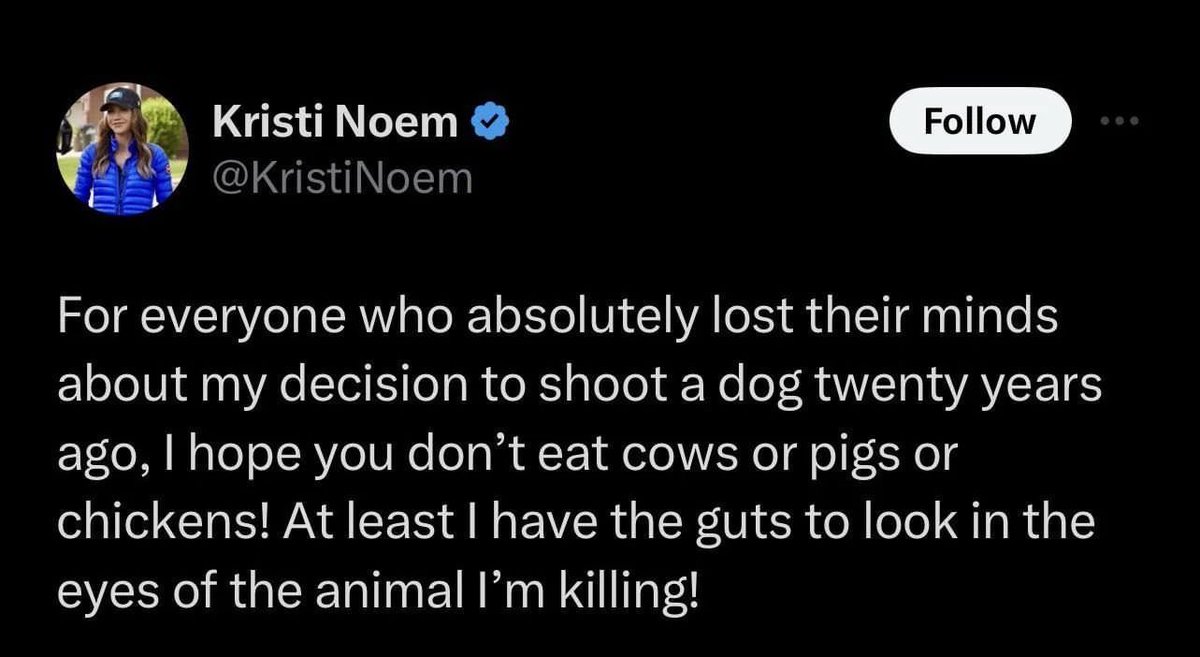 Kristi Noem is a literal psychopath. This is not normal stuff. Seek help.