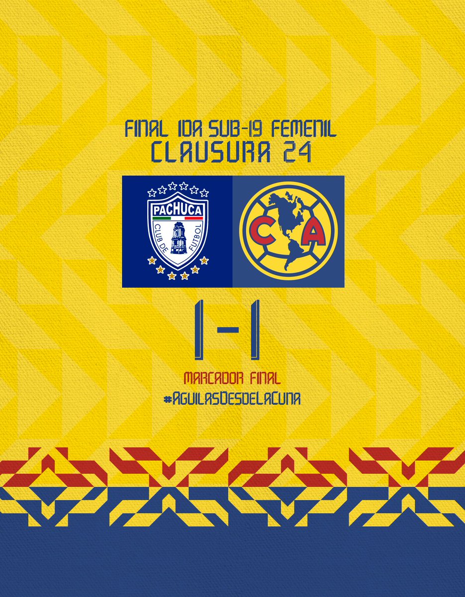 #Sub19 femenil | Empate en la final de ida, todo se define en casa @EstadioAzteca 

𝐅𝐢𝐧𝐚𝐥 𝐝𝐞 𝐈𝐝𝐚
Pachuca 1-1 América
#ÁguilasDesdeLaCuna 🦅